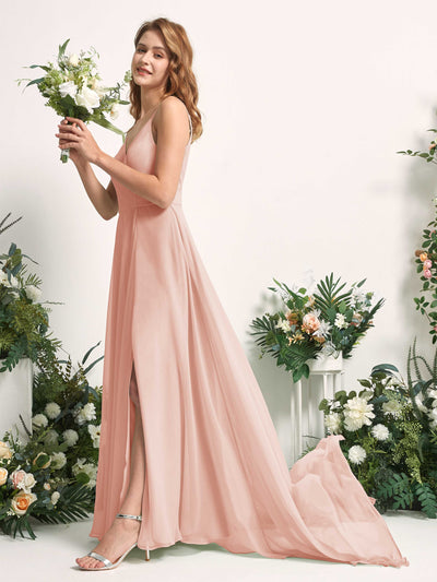 Carlyna Robe trapèze avec col V et fente sur la jambe longueur ras du sol demoiselle d'honneur Rose Perle #couleur_rose-perle