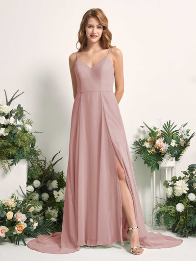 Carlyna Robe trapèze avec col V et fente sur la jambe longueur ras du sol demoiselle d'honneur Rose Poussiéreux #couleur_rose-poussi-reux