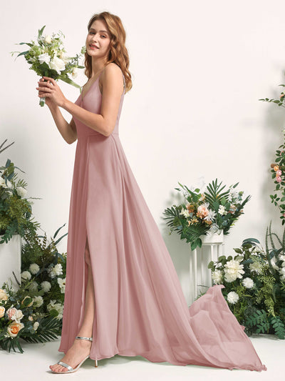 Carlyna Robe trapèze avec col V et fente sur la jambe longueur ras du sol demoiselle d'honneur Rose Poussiéreux #couleur_rose-poussi-reux
