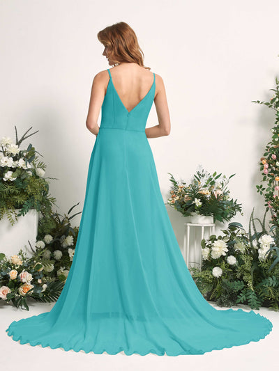 Carlyna Robe trapèze avec col V et fente sur la jambe longueur ras du sol demoiselle d'honneur Turquoise #couleur_turquoise