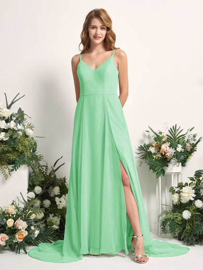 Carlyna Robe trapèze avec col V et fente sur la jambe longueur ras du sol demoiselle d'honneur Vert Menthe #couleur_vert-menthe