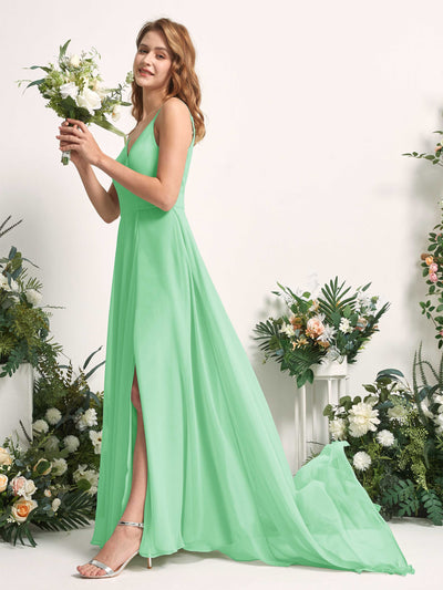Carlyna Robe trapèze avec col V et fente sur la jambe longueur ras du sol demoiselle d'honneur Vert Menthe #couleur_vert-menthe