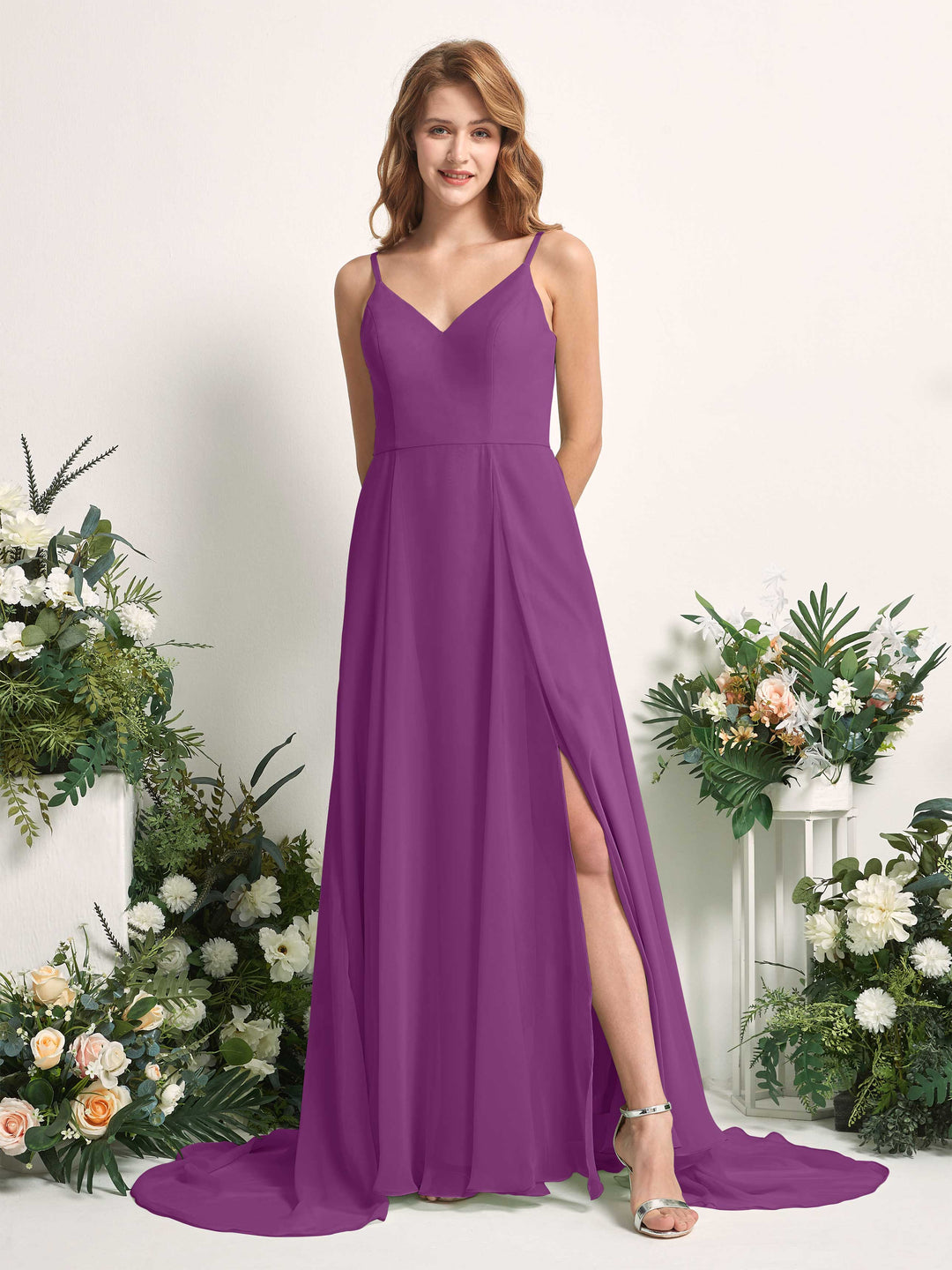 Carlyna Robe trapèze avec col V et fente sur la jambe longueur ras du sol demoiselle d&