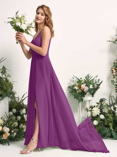Carlyna Robe trapèze avec col V et fente sur la jambe longueur ras du sol demoiselle d'honneur Violet #couleur_violet