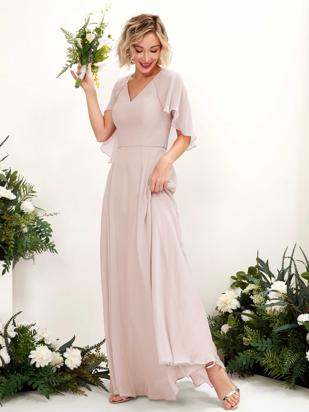 Carlyna Robe trapèze avec col V et manches cape longueur au sol robe de demoiselle d&