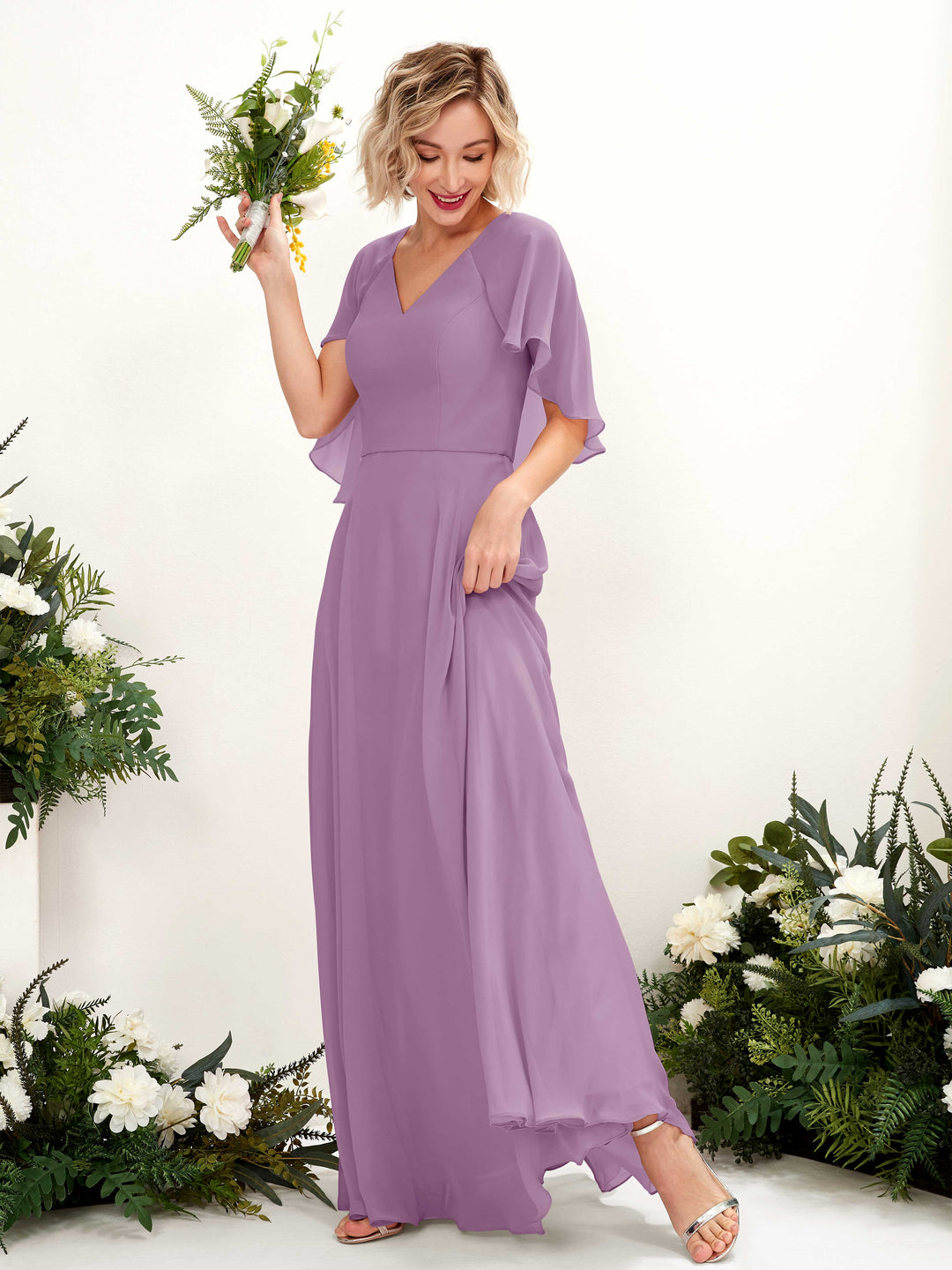 Carlyna Robe trapèze avec col V et manches cape longueur au sol robe de demoiselle d&