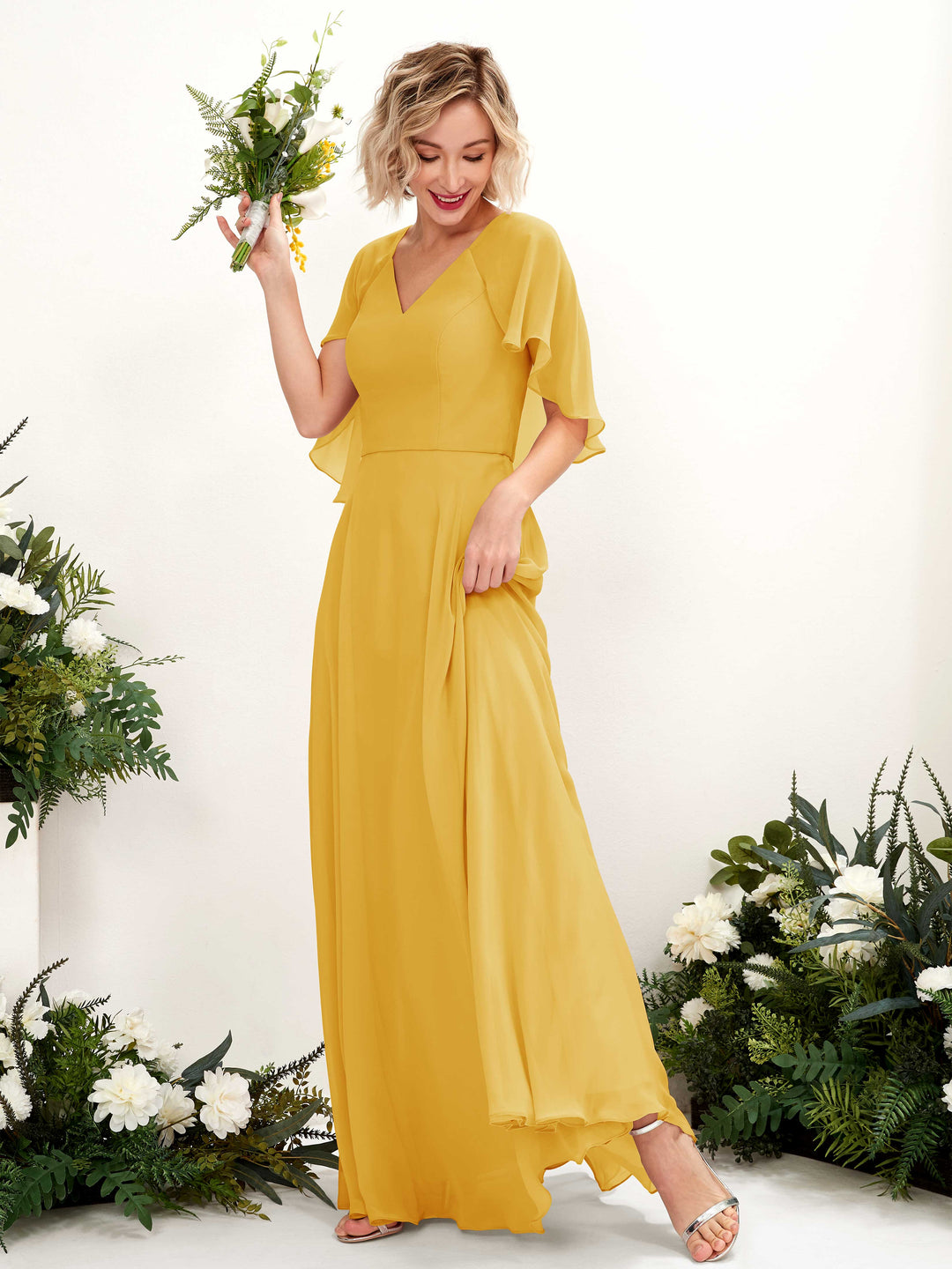 Carlyna Robe trapèze avec col V et manches cape longueur au sol robe de demoiselle d&