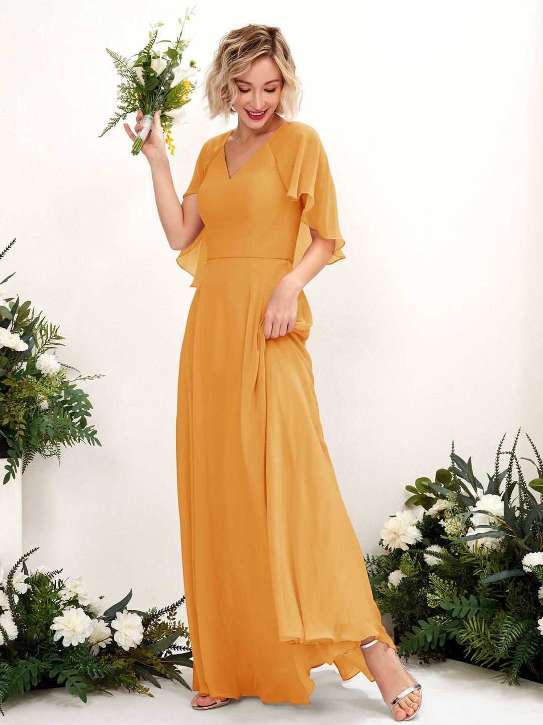 Carlyna Robe trapèze avec col V et manches cape longueur au sol robe de demoiselle d&
