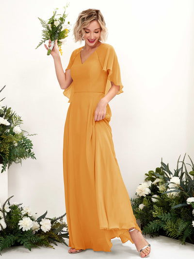 Carlyna Robe trapèze avec col V et manches cape longueur au sol robe de demoiselle d'honneur Mangue #couleur_mangue