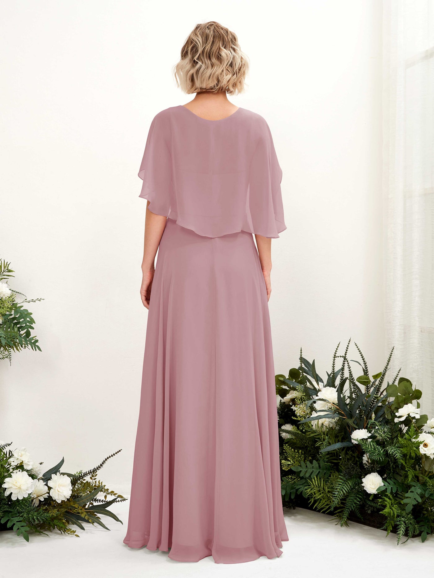 Carlyna Robe trapèze avec col V et manches cape longueur au sol robe de demoiselle d'honneur Mauve Vintage #couleur_mauve-vintage