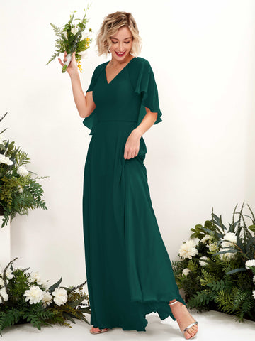 Carlyna Robe trapèze avec col V et manches cape longueur au sol robe de demoiselle d'honneur Émeraude Foncé #couleur_meraude-fonc