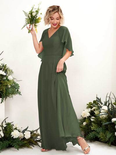Carlyna Robe trapèze avec col V et manches cape longueur au sol robe de demoiselle d'honneur Olive Martini #couleur_olive-martini