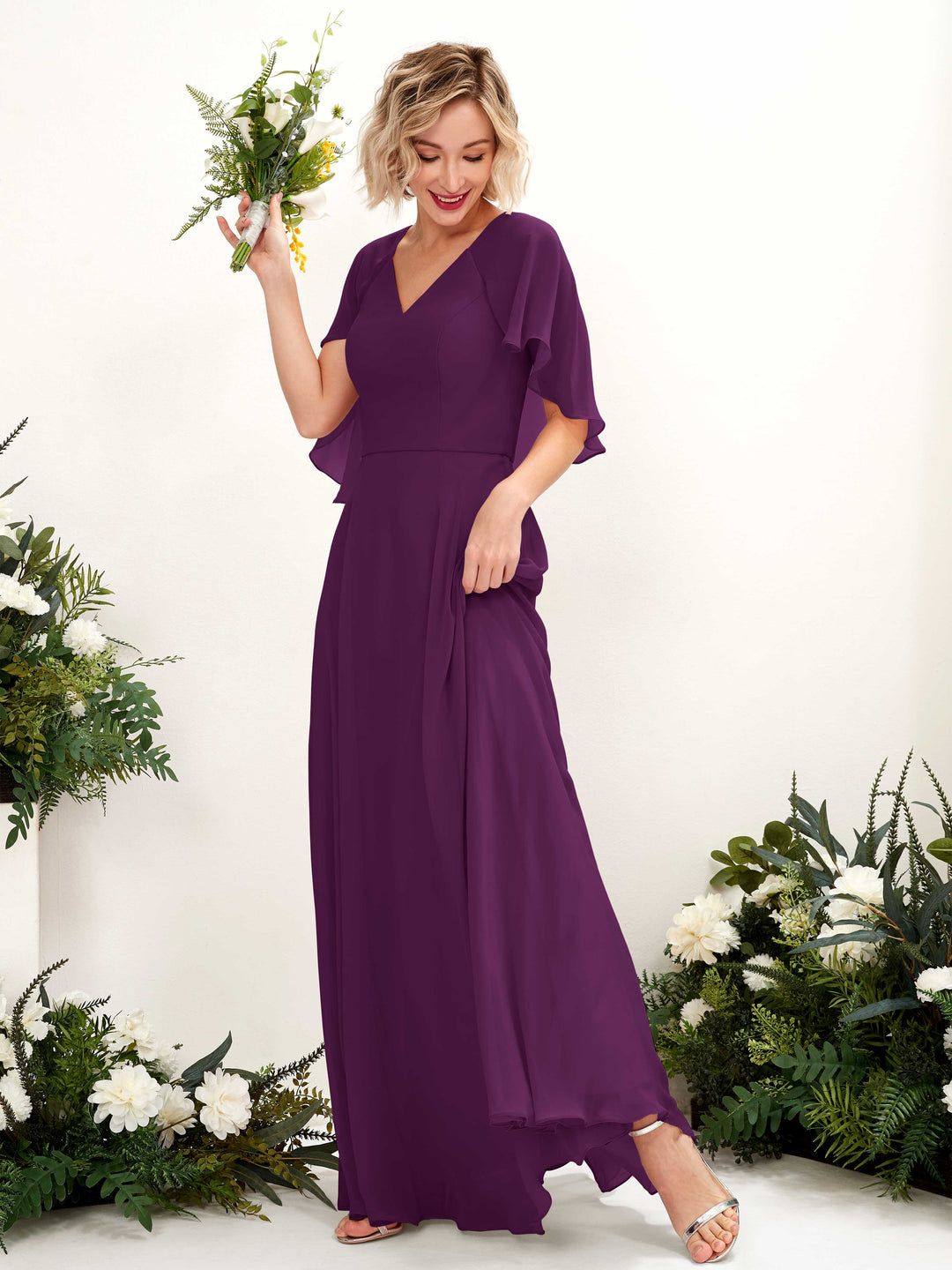 Carlyna Robe trapèze avec col V et manches cape longueur au sol robe de demoiselle d&