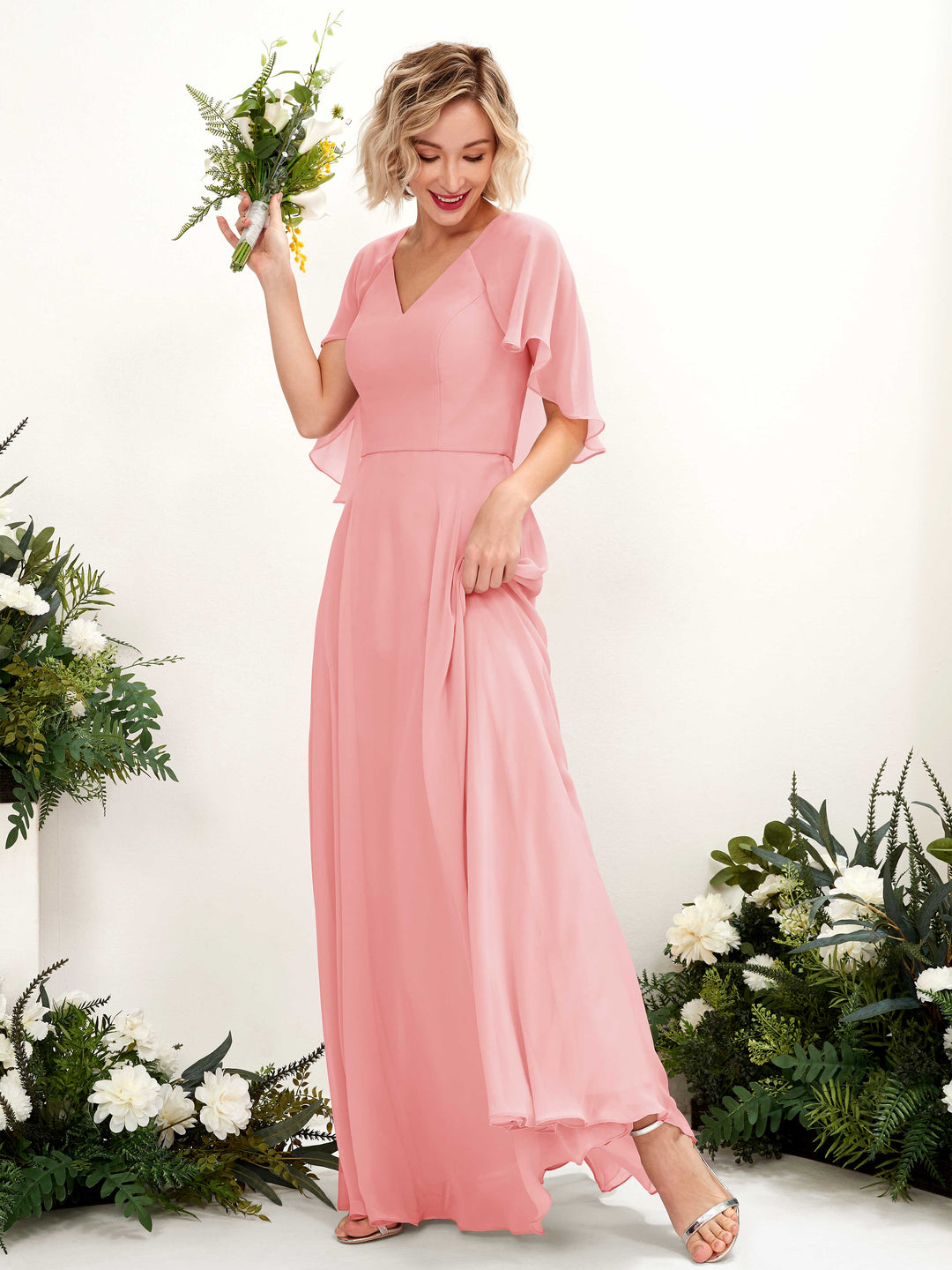 Carlyna Robe trapèze avec col V et manches cape longueur au sol robe de demoiselle d&