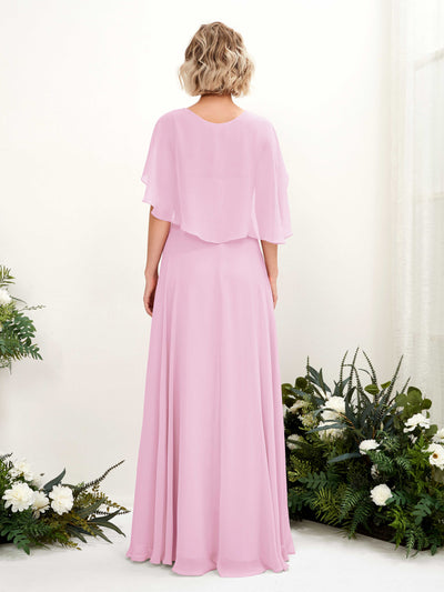 Carlyna Robe trapèze avec col V et manches cape longueur au sol robe de demoiselle d'honneur Rose Bonbon #couleur_rose-bonbon