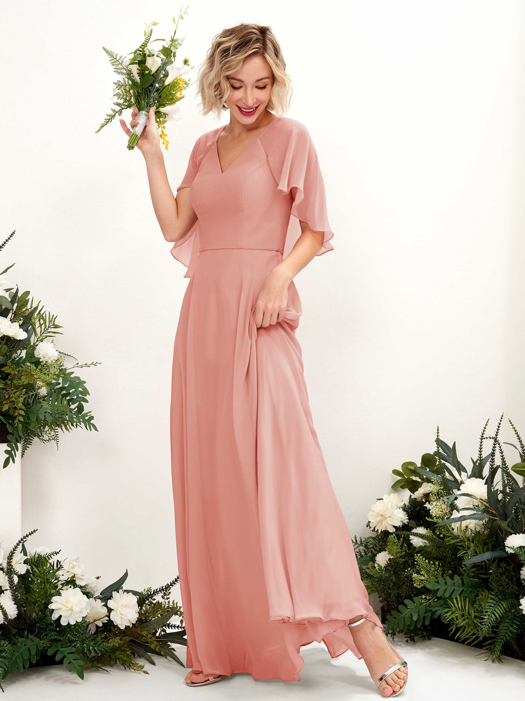 Carlyna Robe trapèze avec col V et manches cape longueur au sol robe de demoiselle d&