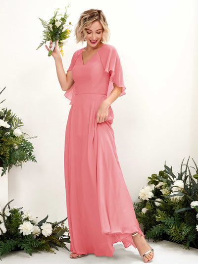 Carlyna Robe trapèze avec col V et manches cape longueur au sol robe de demoiselle d'honneur Rose Corail #couleur_rose-corail