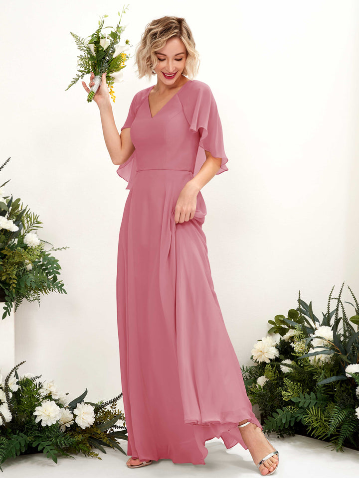 Carlyna Robe trapèze avec col V et manches cape longueur au sol robe de demoiselle d&
