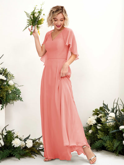 Carlyna Robe trapèze avec col V et manches cape longueur au sol robe de demoiselle d'honneur Rose Pêche #couleur_rose-p-che