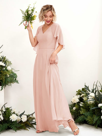 Carlyna Robe trapèze avec col V et manches cape longueur au sol robe de demoiselle d'honneur Rose Perle #couleur_rose-perle