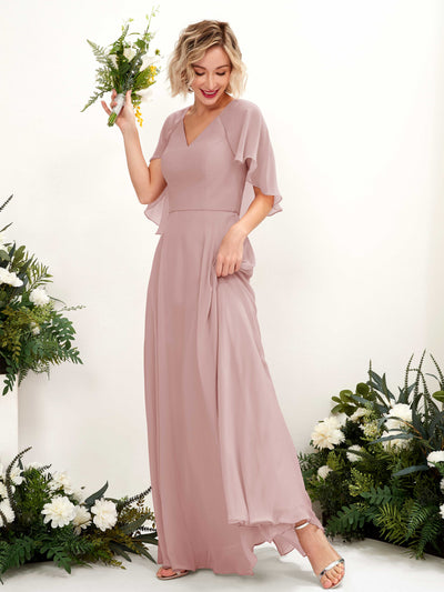 Carlyna Robe trapèze avec col V et manches cape longueur au sol robe de demoiselle d'honneur Rose Poussiéreux #couleur_rose-poussi-reux