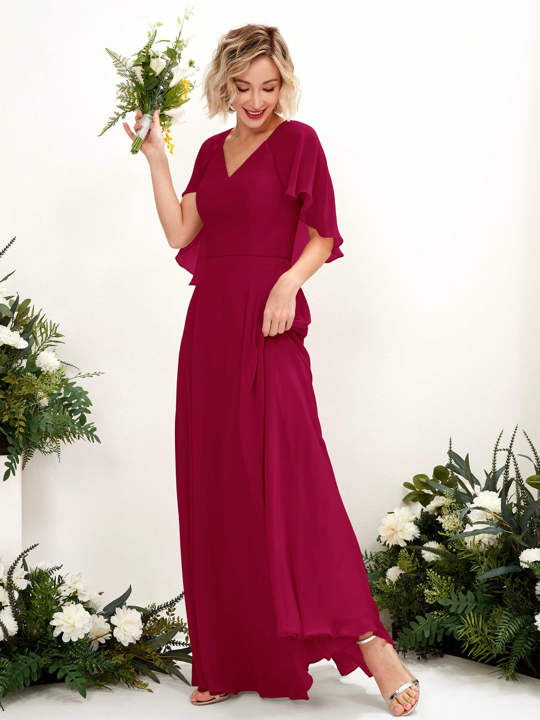 Carlyna Robe trapèze avec col V et manches cape longueur au sol robe de demoiselle d&