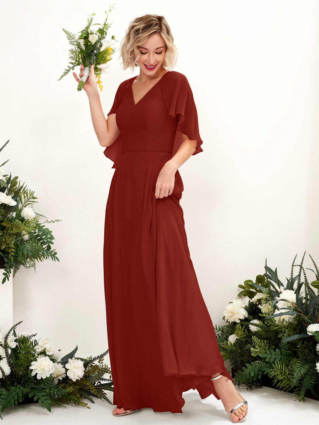 Carlyna Robe trapèze avec col V et manches cape longueur au sol robe de demoiselle d&