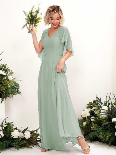 Carlyna Robe trapèze avec col V et manches cape longueur au sol robe de demoiselle d'honneur Vert Sauge Foncé #couleur_vert-sauge-fonc