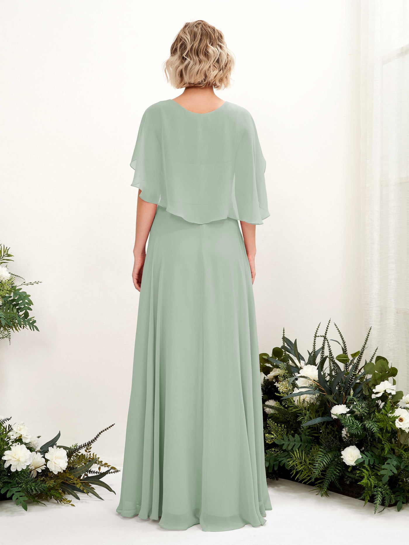 Carlyna Robe trapèze avec col V et manches cape longueur au sol robe de demoiselle d'honneur Vert Sauge Foncé #couleur_vert-sauge-fonc