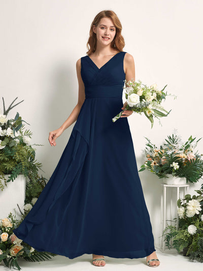 Carlyna Robe trapèze avec col V longueur ras du sol robe de demoiselle d'honneur Bleu Marine #couleur_bleu-marine
