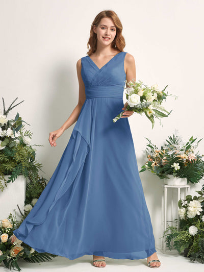 Carlyna Robe trapèze avec col V longueur ras du sol robe de demoiselle d'honneur Bleu Poussiéreux #couleur_bleu-poussi-reux