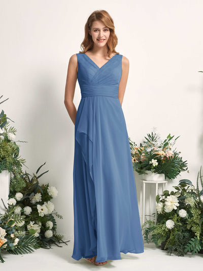 Carlyna Robe trapèze avec col V longueur ras du sol robe de demoiselle d'honneur Bleu Poussiéreux #couleur_bleu-poussi-reux