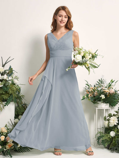 Carlyna Robe trapèze avec col V longueur ras du sol robe de demoiselle d'honneur Bleu Poussiéreux Amélioré #couleur_bleu-poussi-reux-am-lior