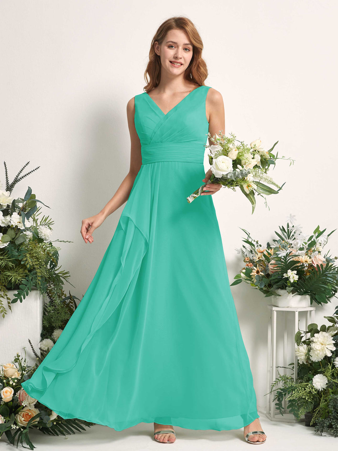 Carlyna Robe trapèze avec col V longueur ras du sol robe de demoiselle d&