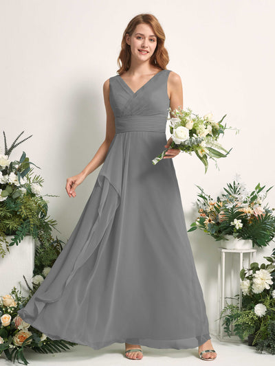 Carlyna Robe trapèze avec col V longueur ras du sol robe de demoiselle d'honneur Gris Acier #couleur_gris-acier