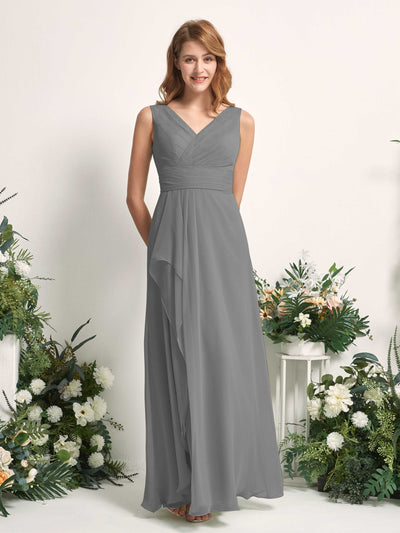 Carlyna Robe trapèze avec col V longueur ras du sol robe de demoiselle d'honneur Gris Acier #couleur_gris-acier