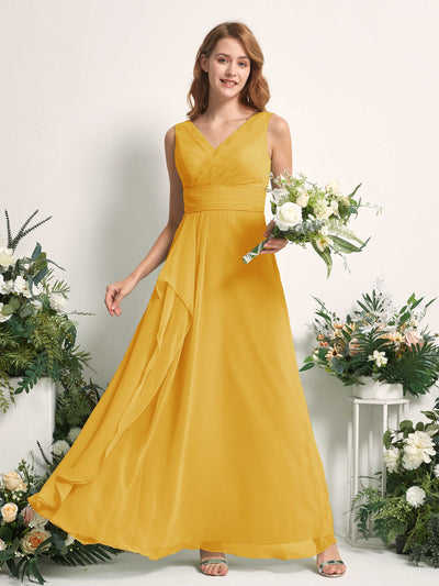 Carlyna Robe trapèze avec col V longueur ras du sol robe de demoiselle d'honneur Jaune Moutard #couleur_jaune-moutard