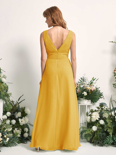 Carlyna Robe trapèze avec col V longueur ras du sol robe de demoiselle d'honneur Jaune Moutard #couleur_jaune-moutard
