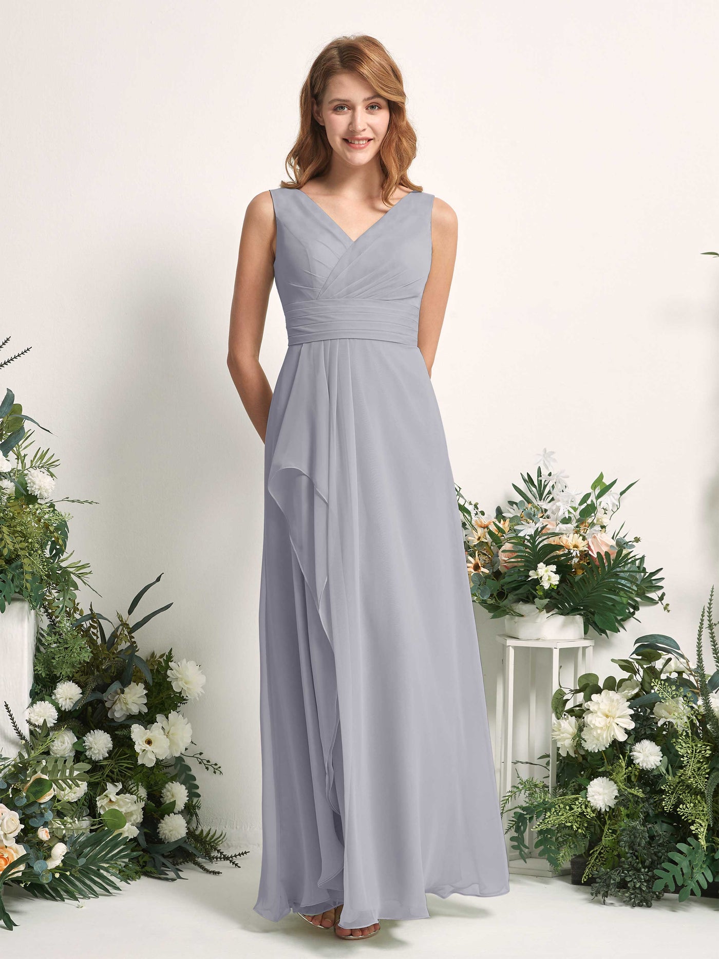 Carlyna Robe trapèze avec col V longueur ras du sol robe de demoiselle d'honneur Lavande Poudrée #couleur_lavande-poudr-e
