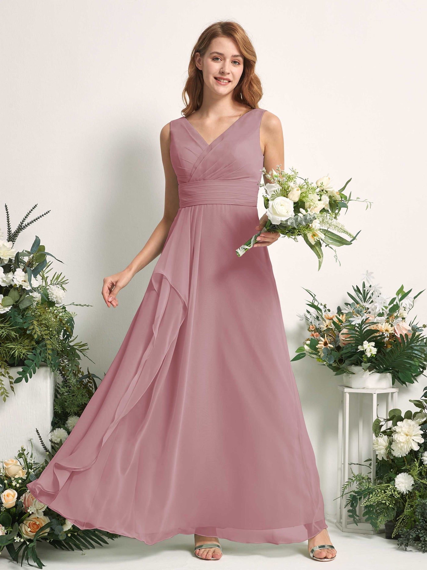 Carlyna Robe trapèze avec col V longueur ras du sol robe de demoiselle d'honneur Mauve Vintage #couleur_mauve-vintage