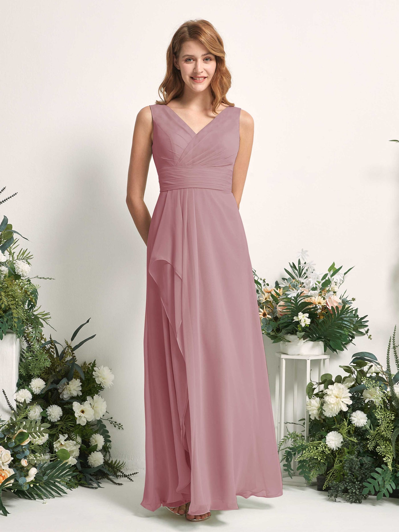 Carlyna Robe trapèze avec col V longueur ras du sol robe de demoiselle d'honneur Mauve Vintage #couleur_mauve-vintage