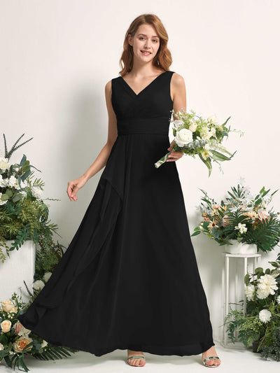 Carlyna Robe trapèze avec col V longueur ras du sol robe de demoiselle d'honneur Noir #couleur_noir