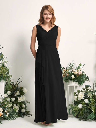 Carlyna Robe trapèze avec col V longueur ras du sol robe de demoiselle d'honneur Noir #couleur_noir