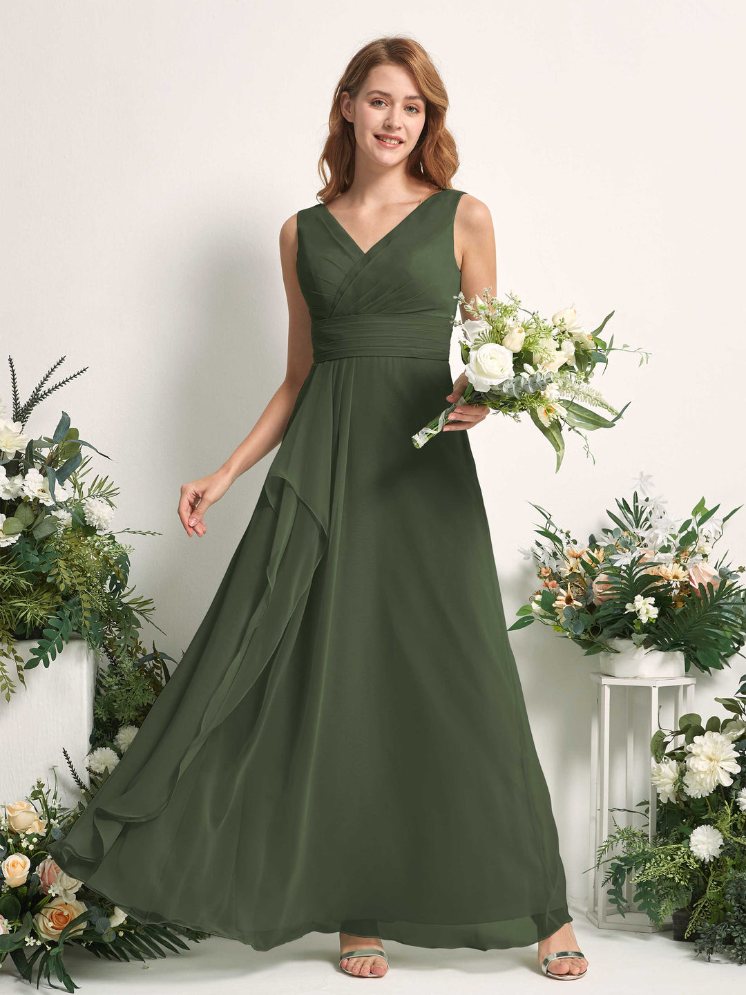 Carlyna Robe trapèze avec col V longueur ras du sol robe de demoiselle d&
