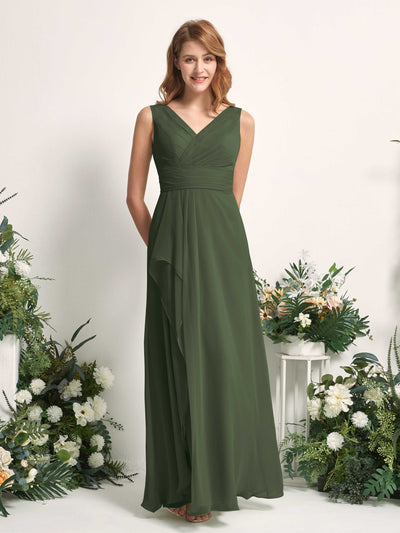 Carlyna Robe trapèze avec col V longueur ras du sol robe de demoiselle d'honneur Olive Martini #couleur_olive-martini