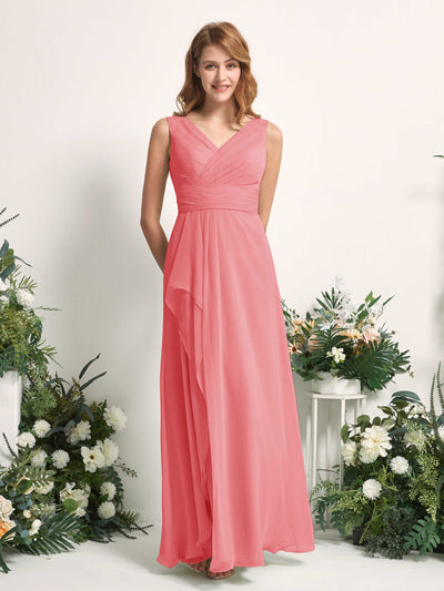Carlyna Robe trapèze avec col V longueur ras du sol robe de demoiselle d'honneur Rose Corail #couleur_rose-corail