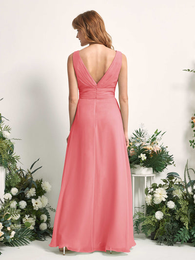 Carlyna Robe trapèze avec col V longueur ras du sol robe de demoiselle d'honneur Rose Corail #couleur_rose-corail
