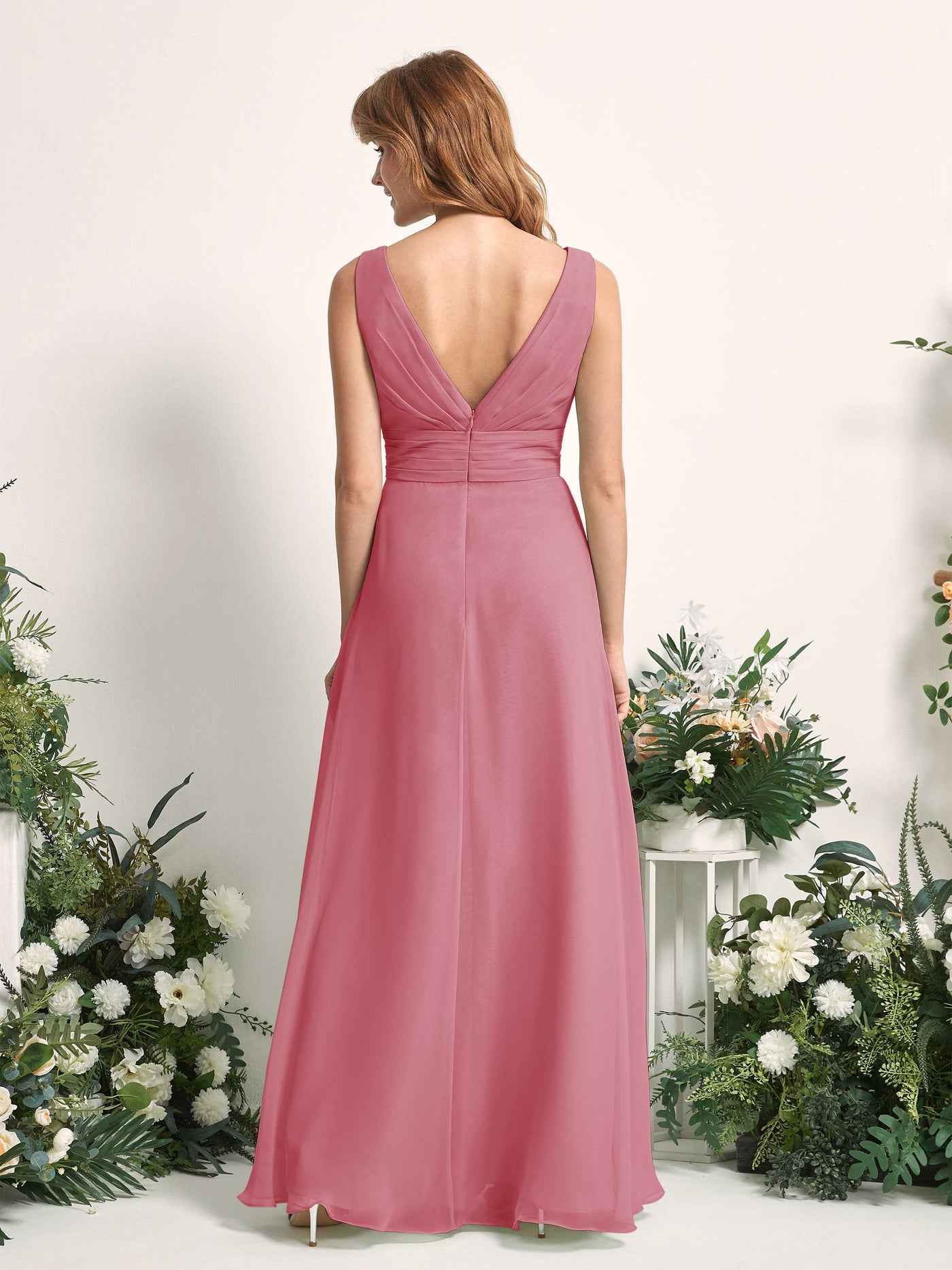 Carlyna Robe trapèze avec col V longueur ras du sol robe de demoiselle d'honneur Rose Du Désert #couleur_rose-du-d-sert