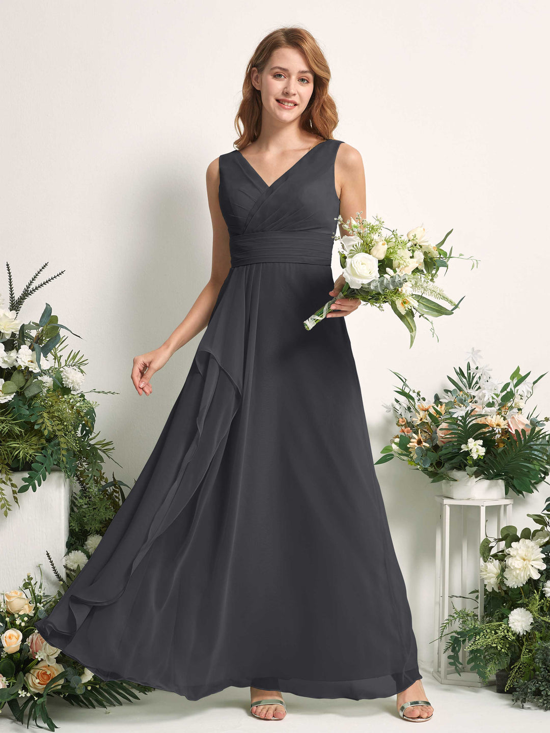 Carlyna Robe trapèze avec col V longueur ras du sol robe de demoiselle d&