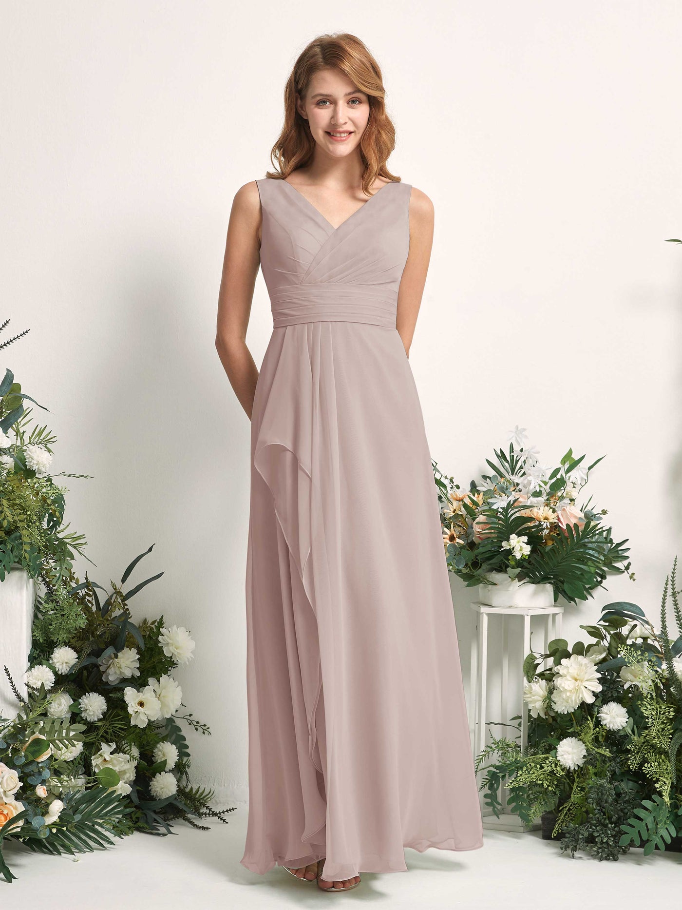 Carlyna Robe trapèze avec col V longueur ras du sol robe de demoiselle d'honneur Taupe #couleur_taupe
